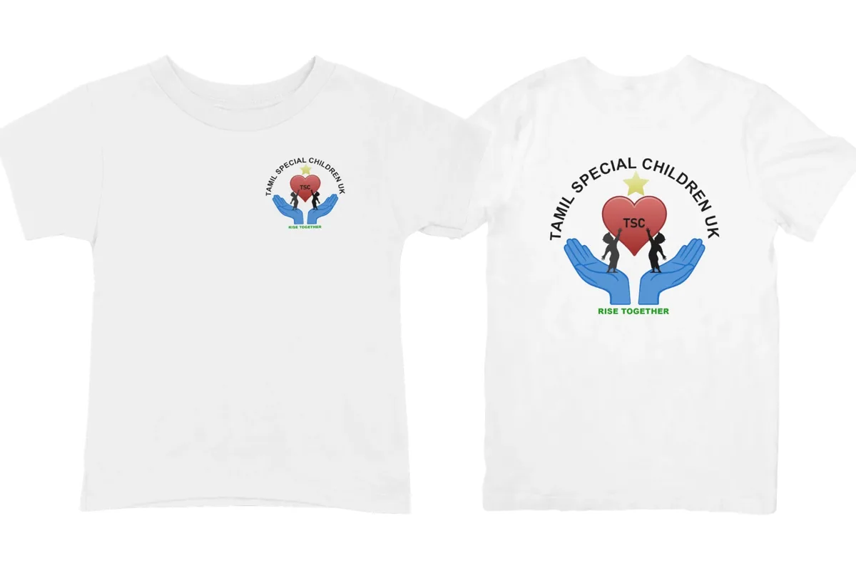 The official Tamil Special Children UK charity t-shirt in white, front and back.